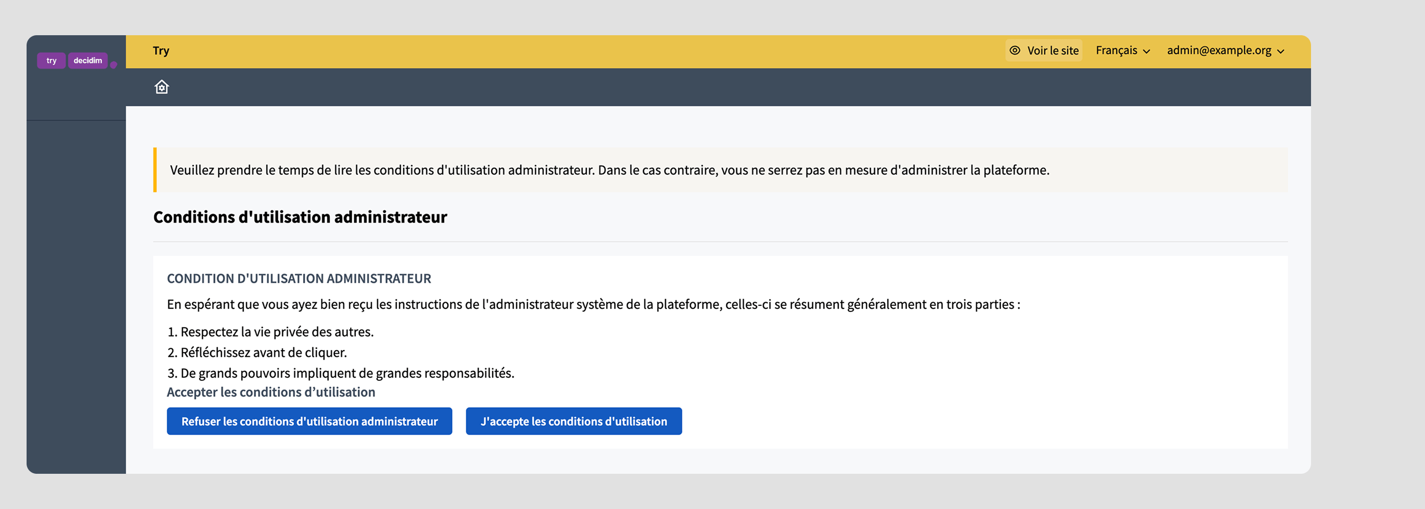 Decidim Admin Dashboard in user menu